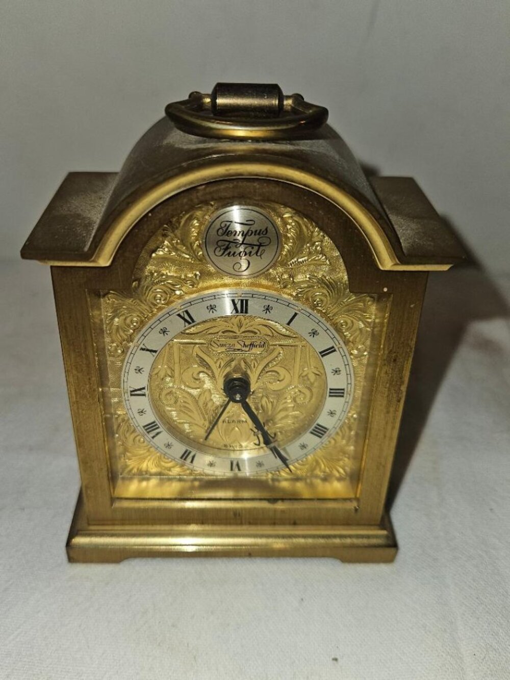 Vintage Swiza Sheffield Swiss Brass "Tempus Fugit" Desk Clock